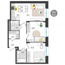 3-комн. евро квартира в ЖК Орсо дом на Елькина 14, 63.60 м²