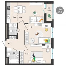 3-комн. евро квартира в ЖК Орсо дом на Елькина 14, 66.80 м²