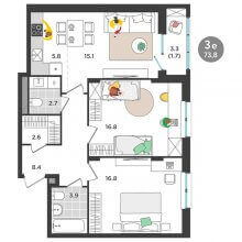 3-комн. евро квартира в ЖК Орсо дом на Елькина 14, 73.80 м²
