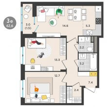 3-комн. евро квартира в ЖК Орсо дом на Елькина 14, 62.60 м²