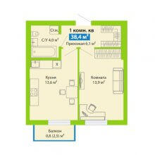 1-комн. квартира в ЖК Цветы Прикамья на Гайве, 38.40 м²