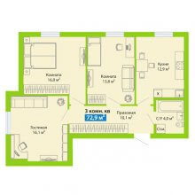 3-комн. квартира в ЖК Цветы Прикамья на Гайве, 72.90 м²