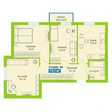 3-комн. квартира в ЖК Цветы Прикамья на Гайве, 73.70 м²