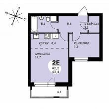 2-комн. евро квартира в ЖК Дом Скворцы, 43.40 м²