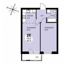 2-комн. евро квартира в ЖК Дом Скворцы, 46.80 м²