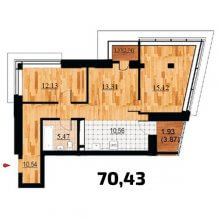 3-комн. квартира в ЖК Курья Парк, 70.43 м²