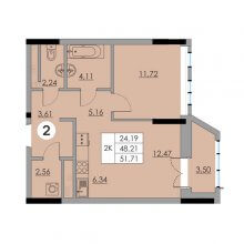 2-комн. евро квартира в ЖК Ньютон, 51.71 м²