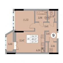 2-комн. евро квартира в ЖК Ньютон, 51.77 м²