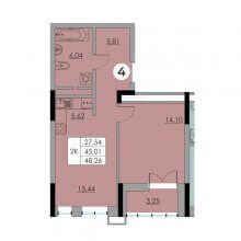 2-комн. евро квартира в ЖК Ньютон, 48.26 м²
