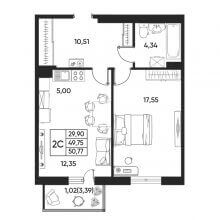 2-комн. евро квартира в ЖК Art House, 50.77 м²