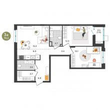 3-комн. евро квартира в ЖК Орсо дом на Садовом, 70.30 м²