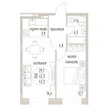 2-комн. евро квартира в ЖК Дом Симпл, 42.30 м²