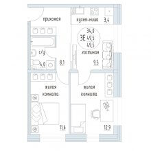 3-комн. евро квартира в ЖК Дом Симпл, 49.50 м²