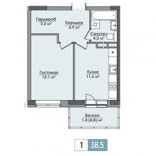1-комн. квартира в ЖК Парма, 38.50 м²