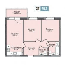3-комн. евро квартира в ЖК Парма, 59.30 м²