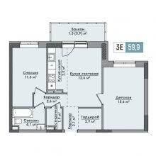 3-комн. евро квартира в ЖК Парма, 59.90 м²