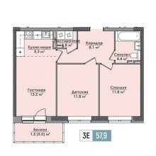 3-комн. евро квартира в ЖК Парма, 57.90 м²