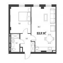 1-комн. квартира в ЖК Москва, 53.90 м²