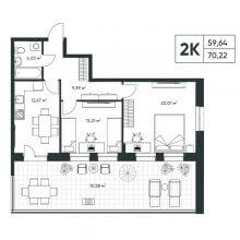 2-комн. квартира в ЖК Опера, 70.22 м²