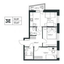 3-комн. евро квартира в ЖК Опера, 53.67 м²