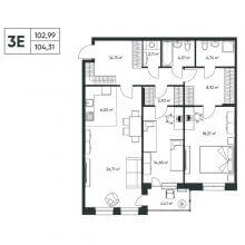 3-комн. евро квартира в ЖК Опера, 104.31 м²