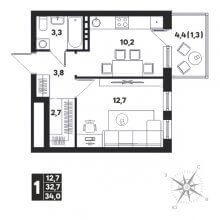 1-комн. квартира в ЖК Мы. Клубный пригород, 34.00 м²