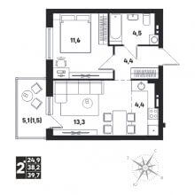 2-комн. евро квартира в ЖК Мы. Клубный пригород, 39.70 м²