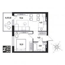 2-комн. евро квартира в ЖК Мы. Клубный пригород, 39.90 м²