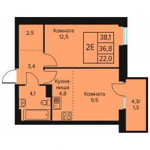 2-комн. евро квартира в ЖК Доминго, 38.10 м²