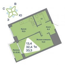1-комн. квартира в ЖК Миниполис, 33.30 м²