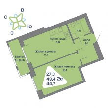 2-комн. евро квартира в ЖК Миниполис, 44.70 м²