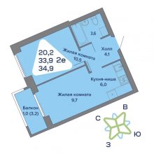 2-комн. евро квартира в ЖК Миниполис, 34.90 м²