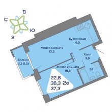 2-комн. евро квартира в ЖК Миниполис, 37.30 м²