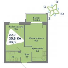 2-комн. евро квартира в ЖК Миниполис, 36.60 м²