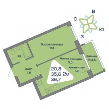 2-комн. евро квартира в ЖК Миниполис, 36.70 м²