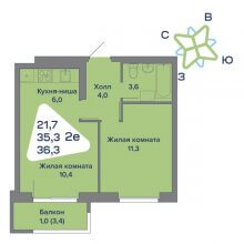 2-комн. евро квартира в ЖК Миниполис, 36.30 м²