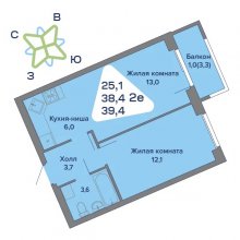 2-комн. евро квартира в ЖК Миниполис, 39.40 м²
