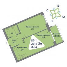 2-комн. евро квартира в ЖК Миниполис, 39.40 м²