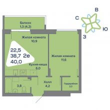2-комн. евро квартира в ЖК Миниполис, 40.00 м²