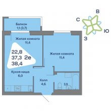 2-комн. евро квартира в ЖК Миниполис, 38.40 м²