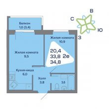 2-комн. евро квартира в ЖК Миниполис, 34.80 м²
