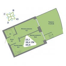 2-комн. евро квартира в ЖК Миниполис, 45.50 м²
