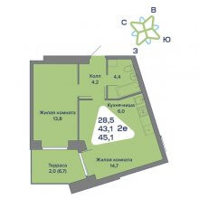2-комн. евро квартира в ЖК Миниполис, 45.10 м²