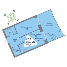 2-комн. евро квартира в ЖК Миниполис, 43.70 м²