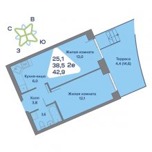 2-комн. евро квартира в ЖК Миниполис, 42.90 м²
