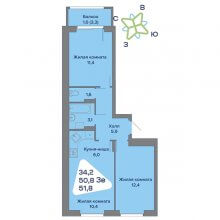 3-комн. евро квартира в ЖК Миниполис, 51.80 м²