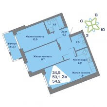3-комн. евро квартира в ЖК Миниполис, 54.20 м²