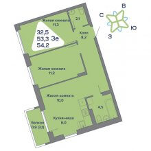 3-комн. евро квартира в ЖК Миниполис, 54.20 м²