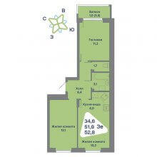 3-комн. евро квартира в ЖК Миниполис, 52.80 м²