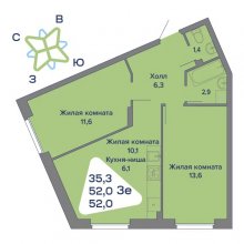 3-комн. евро квартира в ЖК Миниполис, 52.00 м²